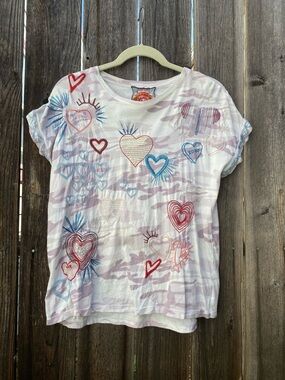 Johnny Was BasicTee with Camouflage print + Hearts in Multicolor Embroidery